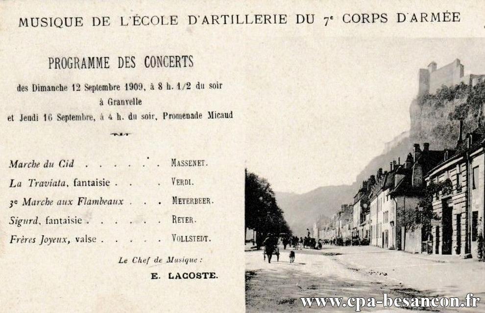 Musique de l’École d'Artillerie du 7e Corps d'Armée - Besançon - Faubourg Rivotte - Programme des Dimanche 12 Septembre 1909, à 8 h. 1/2 du soir et Jeudi 16 Septembre, à 4 h. du soir, Promenade Micaud